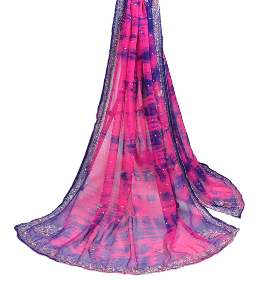 Sushila Vintage Glass Beads Work Dupatta Magenta Pure Chiffon Tie-Dye Long Stole