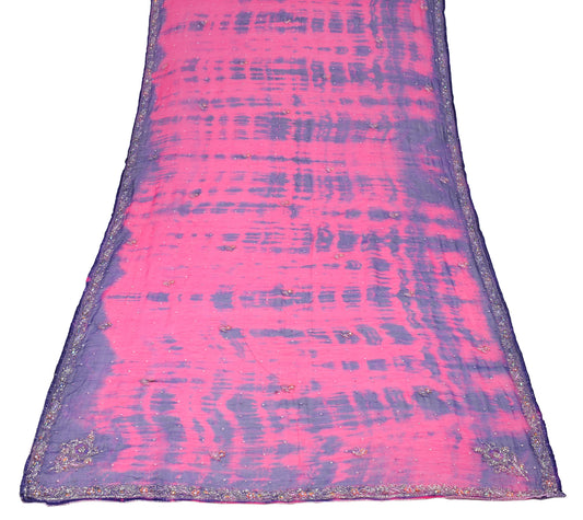 Sushila Vintage Glass Beads Work Dupatta Magenta Pure Chiffon Tie-Dye Long Stole