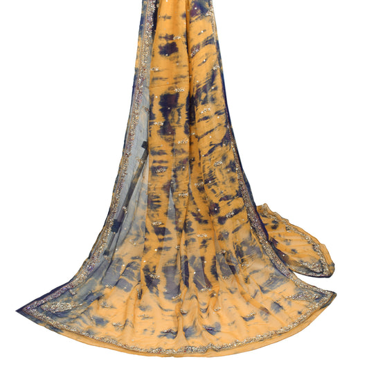 Sushila Vintage Tie-Dye Mustard Dupatta Pure Chiffon Hand Beaded Long Stole