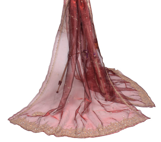 Sushila Vintage Maroon Dupatta Art Orgnza Zardozi Work Wedding Long Stole