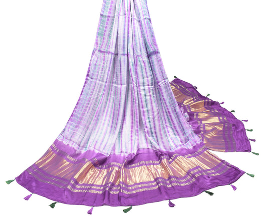 Sushila Vintage Pure Satin Dupatta Purple Green Tie-Dye Zari Woven Long Stole
