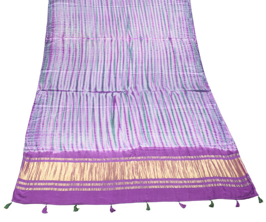Sushila Vintage Pure Satin Dupatta Purple Green Tie-Dye Zari Woven Long Stole