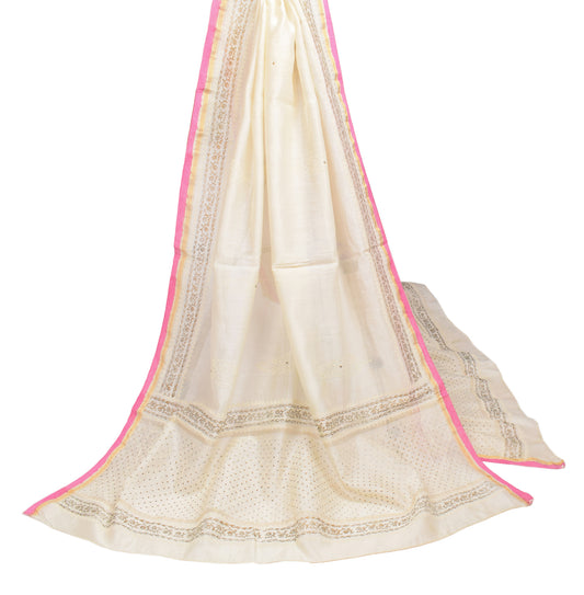 Sushila Vintage Beige Dupatta Hand Block Pure Cotton Silk Long Stole Wrap