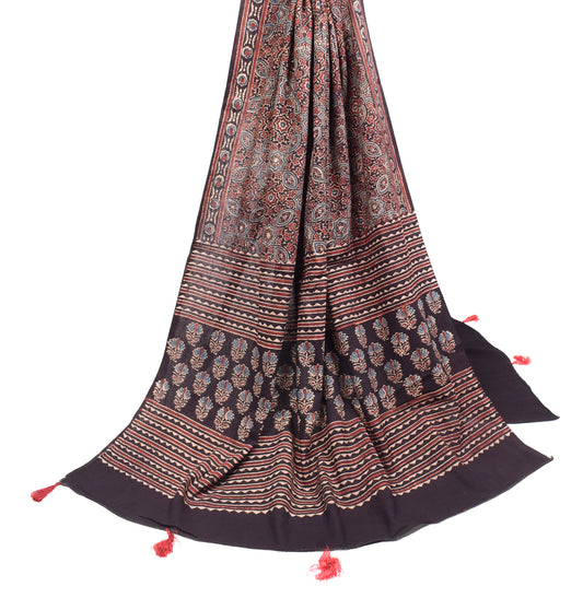 Sushila Vintage Ajrakh Handblock Dupatta Black Pure Cotton Long Stole Hijab