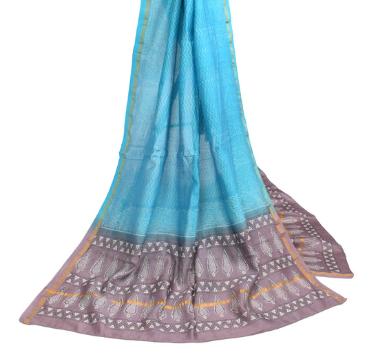 Sushila Vintage Hand Block Scrap Dupatta Pure Cotton Silk Aqua Blue Long Stole