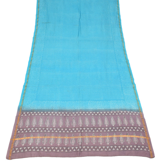 Sushila Vintage Hand Block Scrap Dupatta Pure Cotton Silk Aqua Blue Long Stole