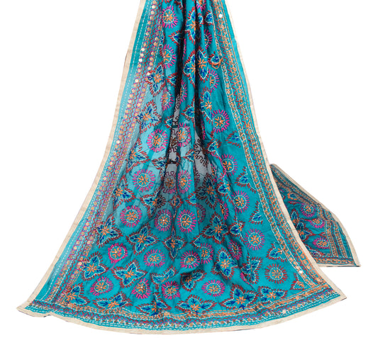 Sushila Vintage Teal Heavy Dupatta Art Cotton Silk Handmade Embroidered OOAK Long Stole