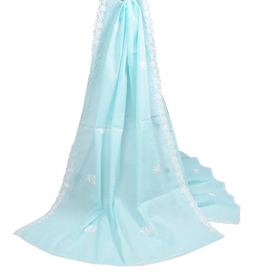 Sushila Vintage Light Blue Dupatta Hand Embroidered Pure Cotton Long Stole