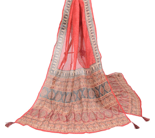 Sushila Vintage Floral Red Dupatta Printed Kantha Work Art Silk Long Stole Veil