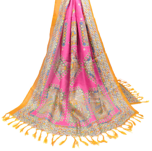 Sushila Vintage Madhubani Dupatta Pink Art Silk Hand Printed Long Stole