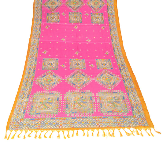 Sushila Vintage Madhubani Dupatta Pink Art Silk Hand Printed Long Stole
