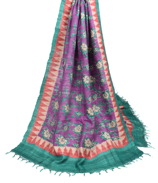 Sushila Vintage Purple Dupatta Floral Handloom Pure Khadi Long Stole Wrap