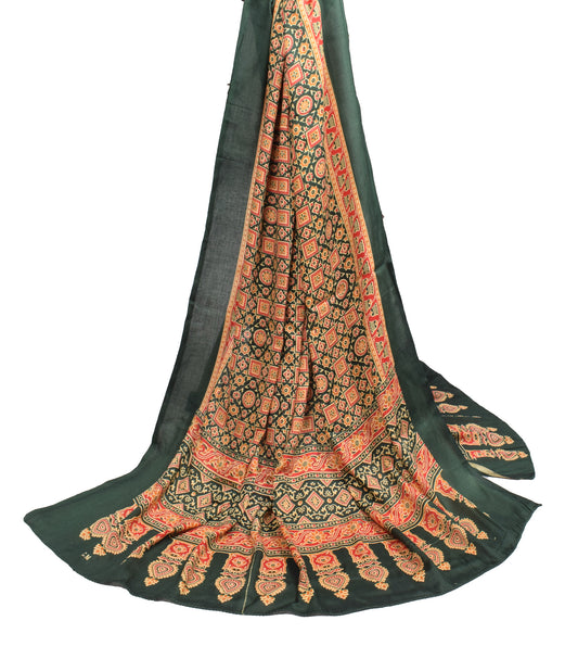 Sushila Vintage Green Dupatta Ajrakh Hand Block Pure Cotton Soft Long Stole