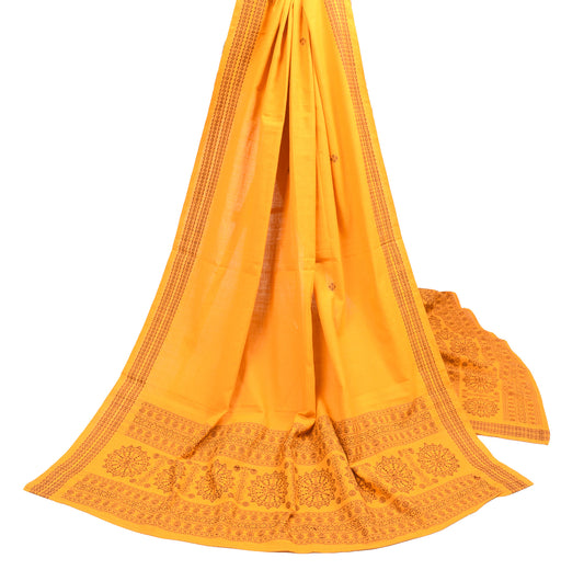 Sushila Vintage Pure Cotton Dupatta Yellow Handwoven Handloom Long Stole