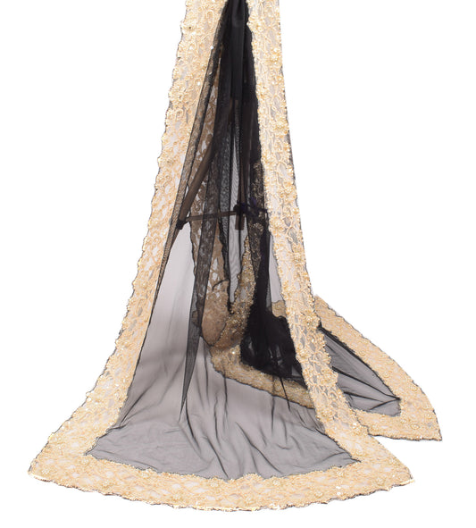 Sushila Vintage Black Net Mesh Dupatta Pearl Beads Embellish Long Stole Veil