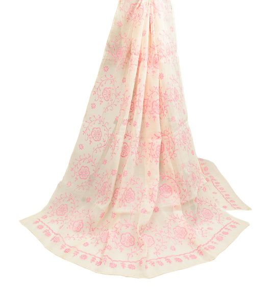 Sushila Vintage Lucknowi Chikankari Dupatta Beige Pure Cotton Long Stole Wrap