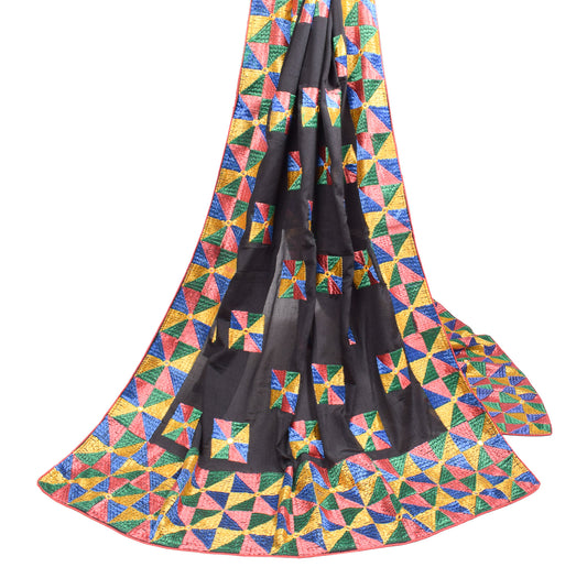 Sushila Vintage Black Dupatta Art Chiffon Silk Bagh Phulkari Long Stole Wrap