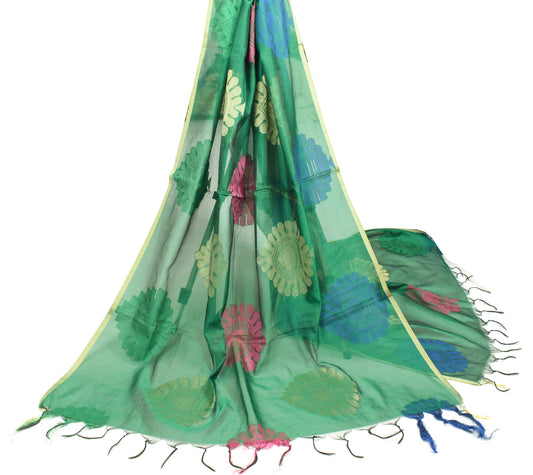 Sushila Vintage Green Dupatta Art Cotton Silk Woven Brocade Long Stole Veil