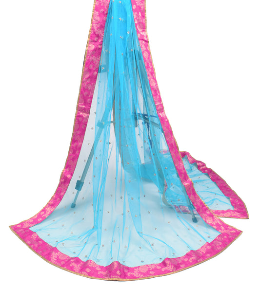 Sushila Vintage Turquoise Blue Net Dupatta with Magenta Border Long Stole Veil