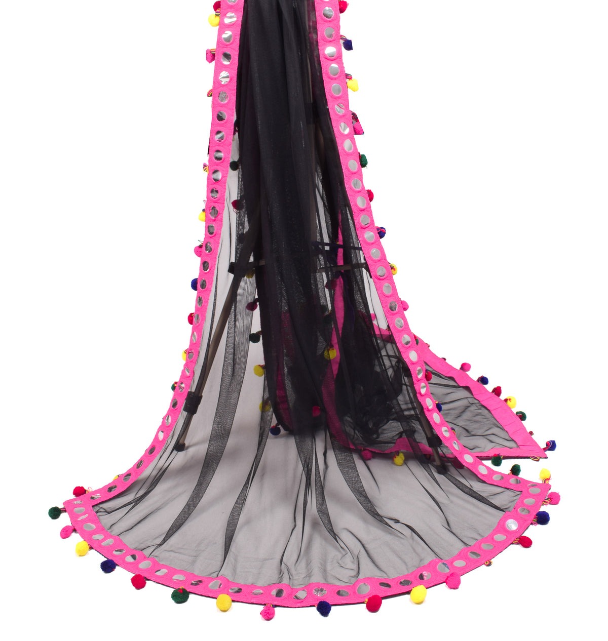 Sushila Vintage Black Net Dupatta with Magenta Pom Pom Border Long Stole Veil