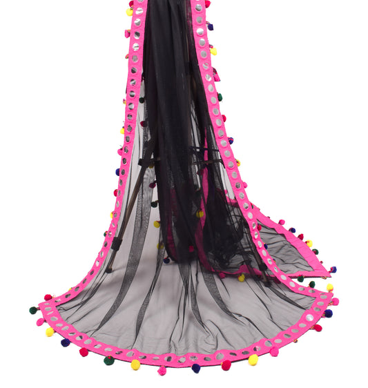 Sushila Vintage Black Net Dupatta with Magenta Pom Pom Border Long Stole Veil
