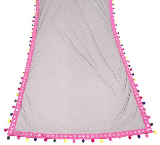 Sushila Vintage Black Net Dupatta with Magenta Pom Pom Border Long Stole Veil