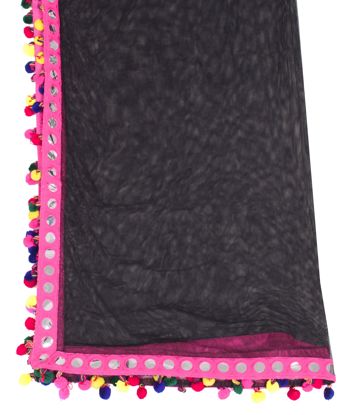 Sushila Vintage Black Net Dupatta with Magenta Pom Pom Border Long Stole Veil