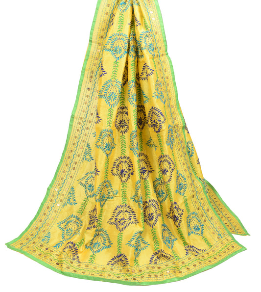 Sushila Vintage Yellow Dupatta Art Silk Handmade Floral Phulkari OOAK Long Stole