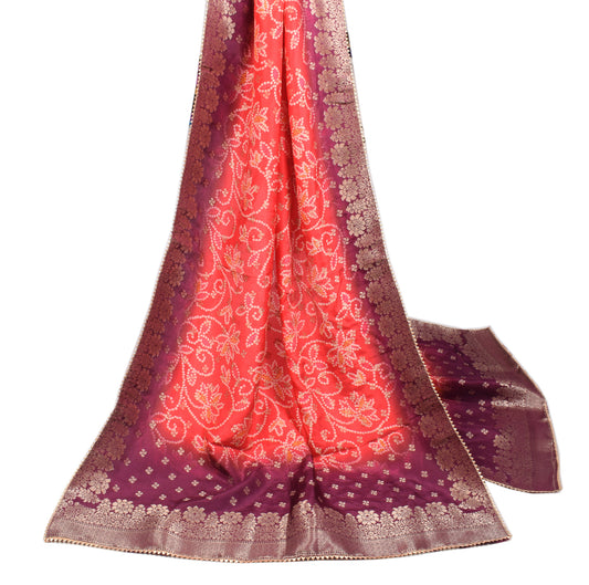 Sushila Vintage Red Bandhani Dupatta Pure Silk Zari Woven Long Stole Veil