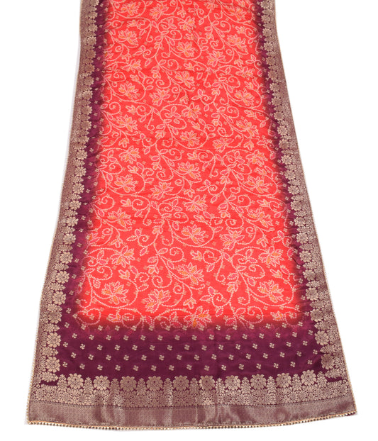 Sushila Vintage Red Bandhani Dupatta Pure Silk Zari Woven Long Stole Veil