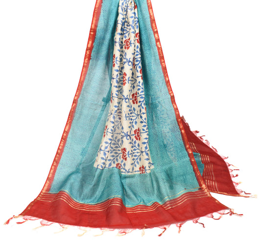 Sushila Vintage Cream Floral Dupatta Pure Cotton Silk Hand Block Long Stole