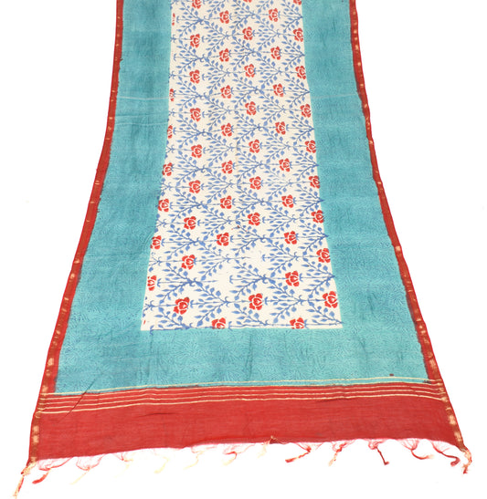 Sushila Vintage Cream Floral Dupatta Pure Cotton Silk Hand Block Long Stole