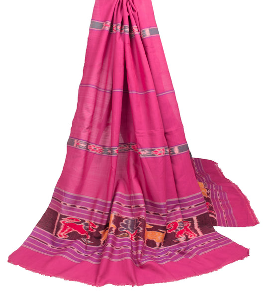 Sushila Vintage Magenta Pure Cotton Dupatta Hand Woven Ikat Long Stole Veil