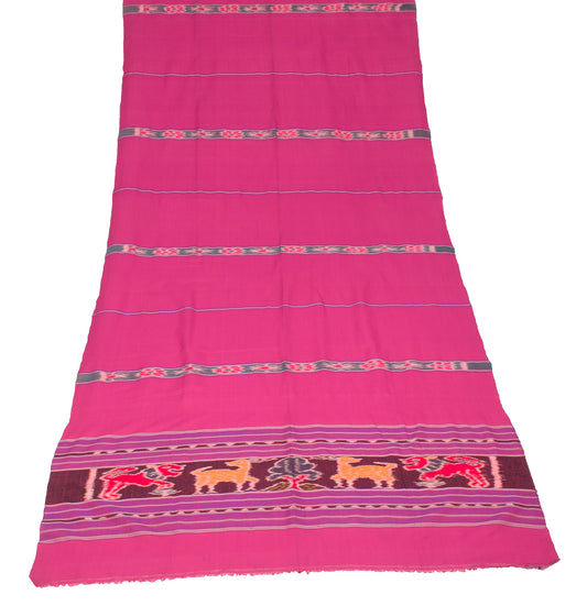 Sushila Vintage Magenta Pure Cotton Dupatta Hand Woven Ikat Long Stole Veil
