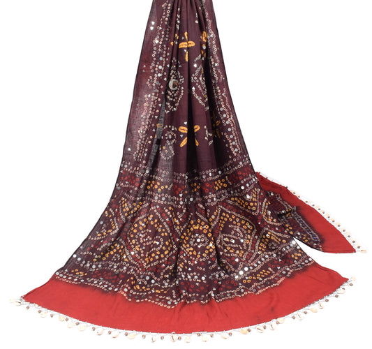 Sushila Vintage Dark Maroon Dupatta Pure Cotton Bandhani  Mirror Work Long Stole