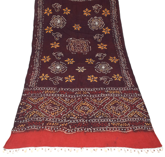 Sushila Vintage Dark Maroon Dupatta Pure Cotton Bandhani  Mirror Work Long Stole