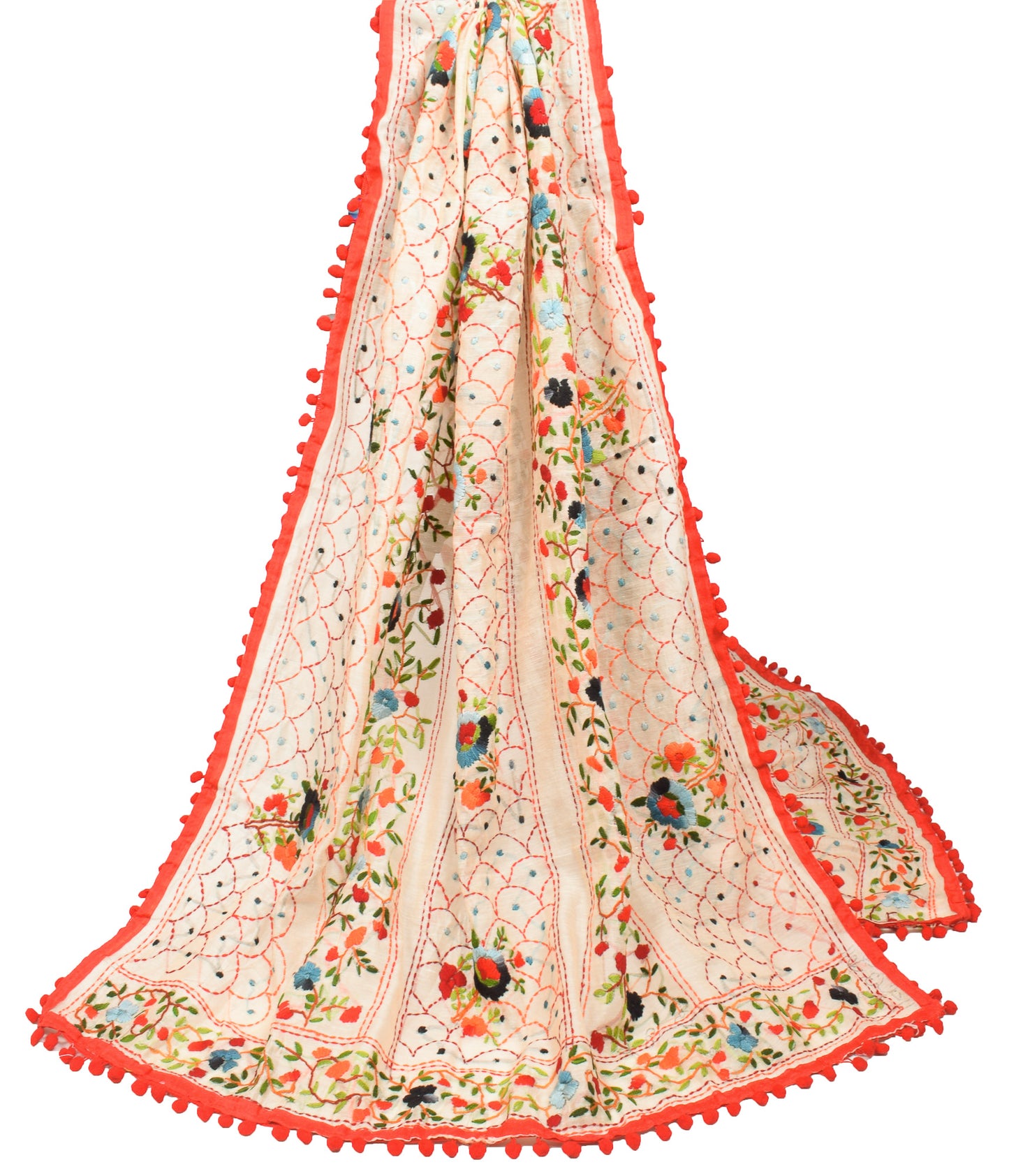 Sushila Vintage Beige Dupatta Art Cotton Silk Handmade Embroidered OOAK Long Stole