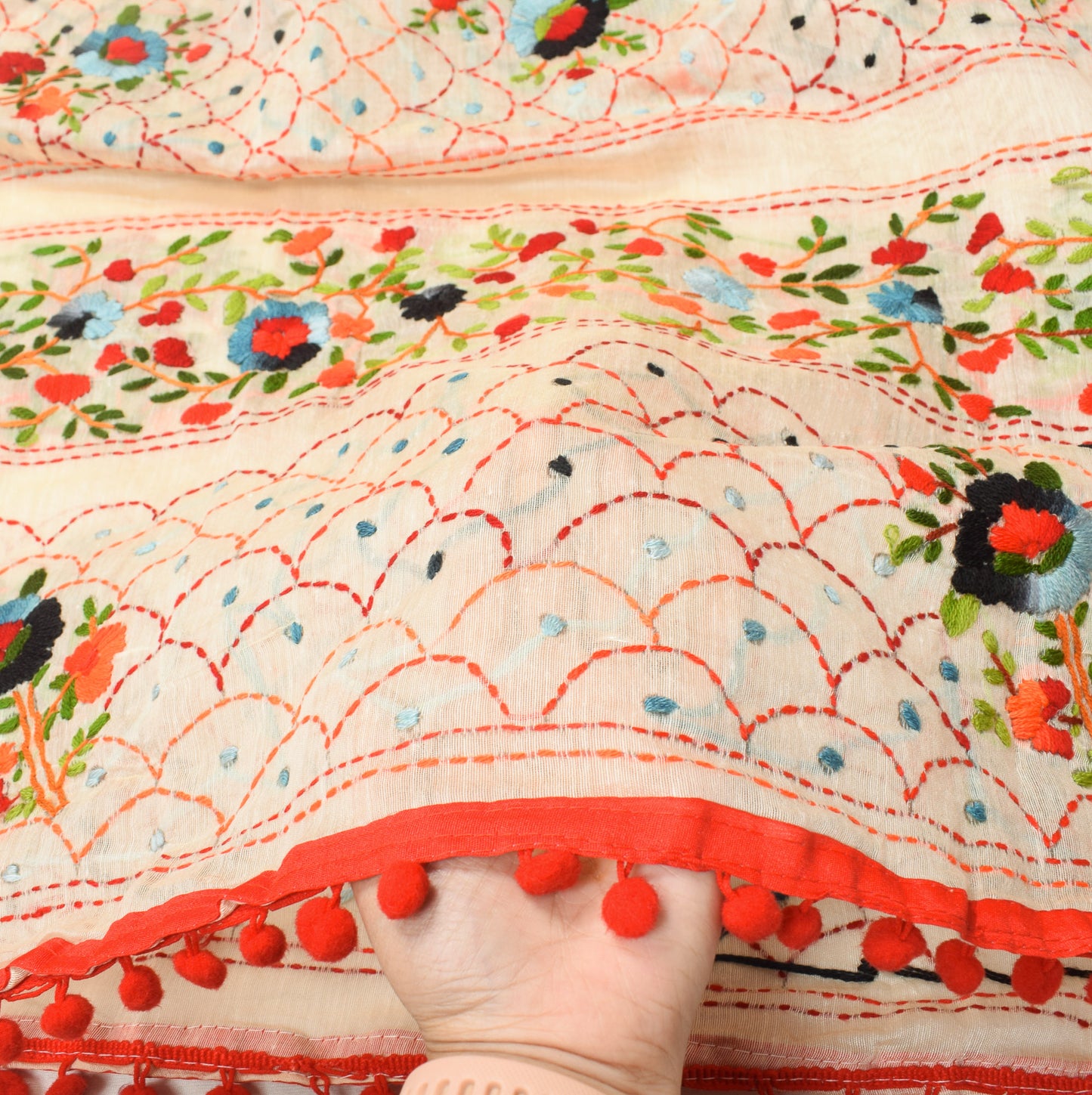 Sushila Vintage Beige Dupatta Art Cotton Silk Handmade Embroidered OOAK Long Stole