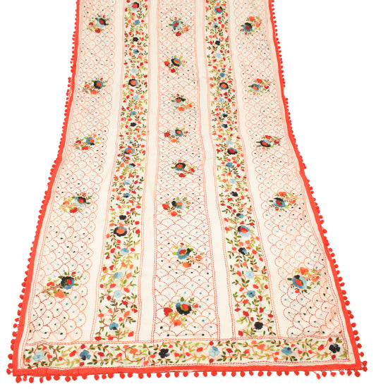 Sushila Vintage Beige Dupatta Art Cotton Silk Handmade Embroidered OOAK Long Stole
