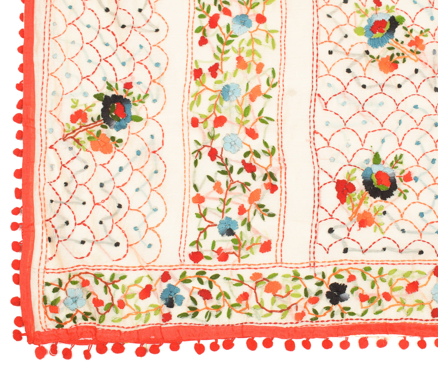 Sushila Vintage Beige Dupatta Art Cotton Silk Handmade Embroidered OOAK Long Stole