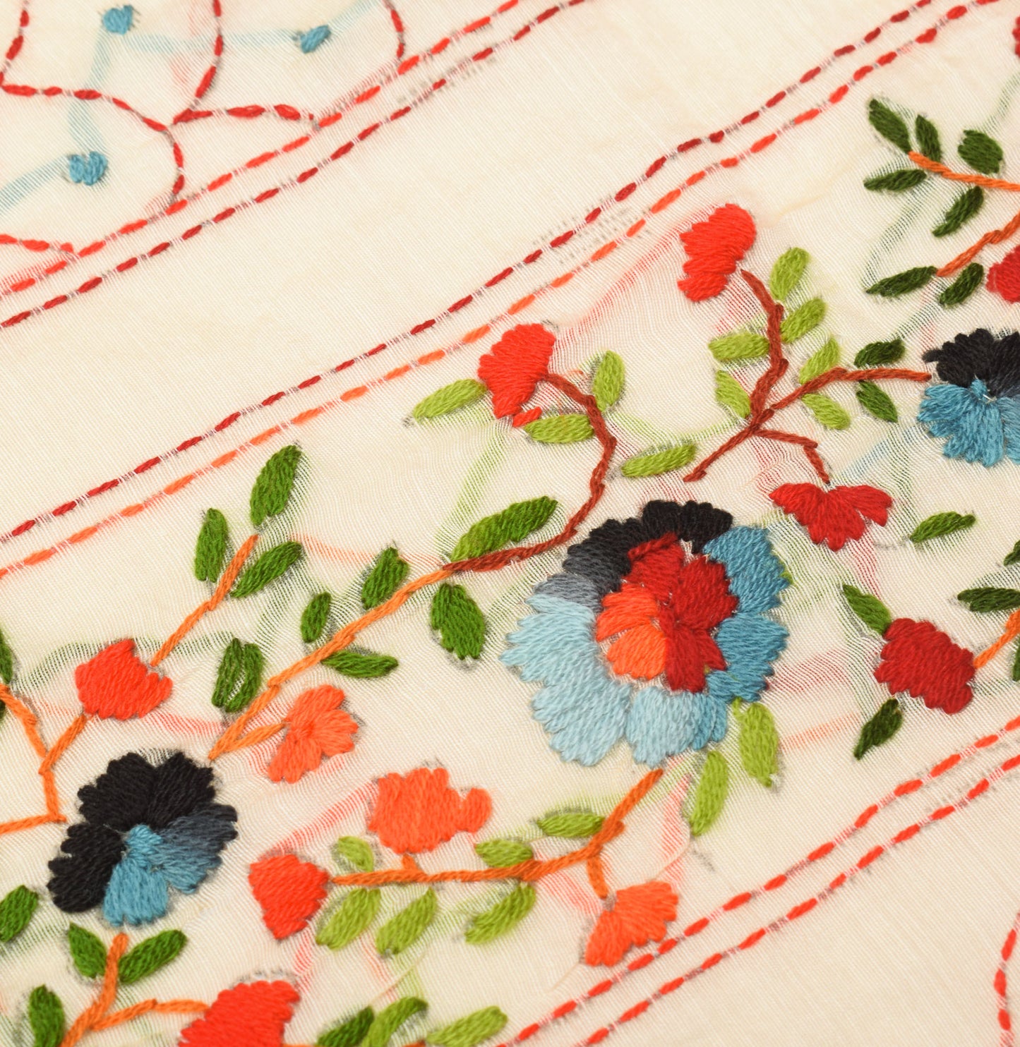 Sushila Vintage Beige Dupatta Art Cotton Silk Handmade Embroidered OOAK Long Stole