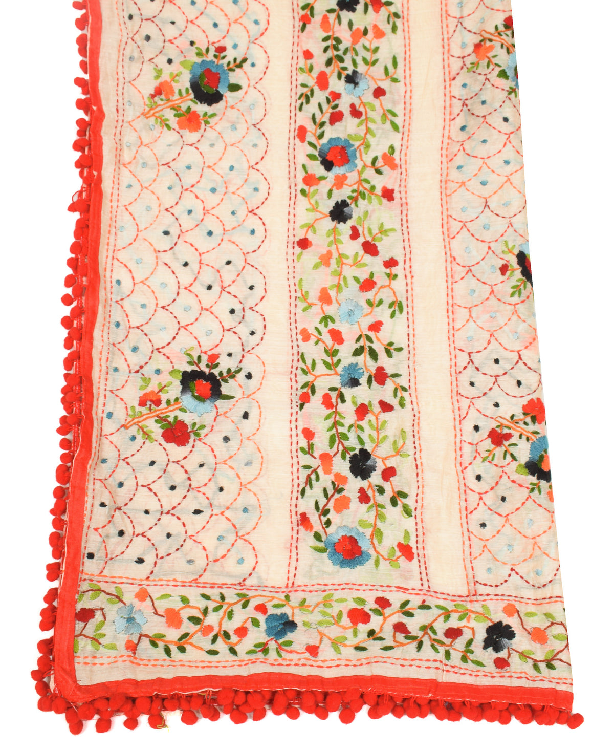 Sushila Vintage Beige Dupatta Art Cotton Silk Handmade Embroidered OOAK Long Stole