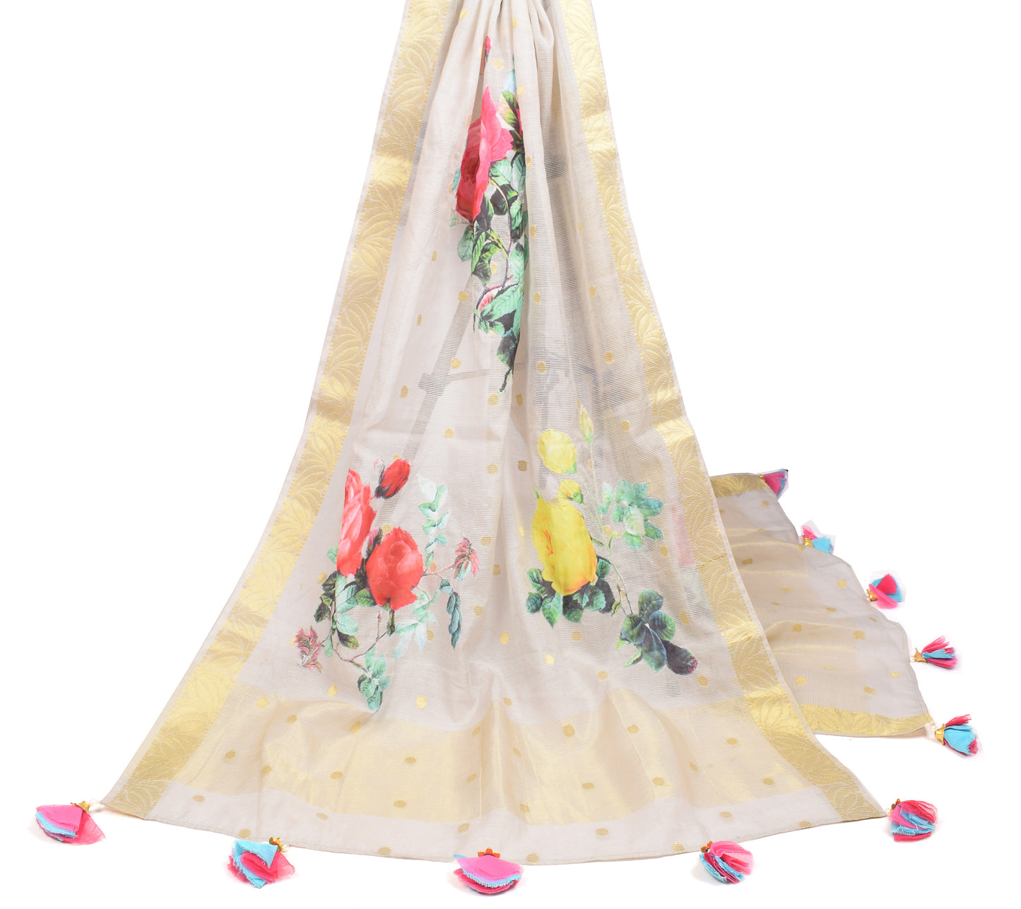 Sushila Vintage Gray Dupatta Art Cotton Silk Applique Work Long Stole Wrap