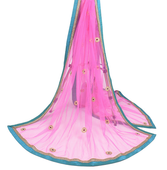 Sushila Vintage Fuchsia Pink Dupatta Hand Beaded Floral Net Long Stole