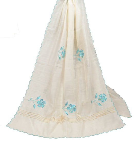 Sushila Vintage Applique Work Dupatta Art Cotton Silk Cream Floral Long Stole