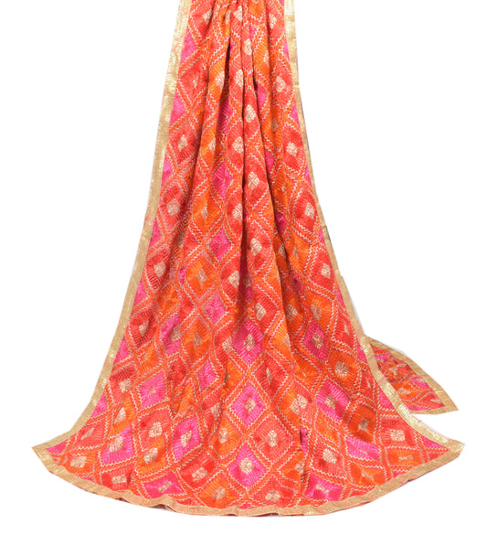 Sushila Vintage Red Dupatta Bagh Phulkari Embroidered Long Stole Art Silk