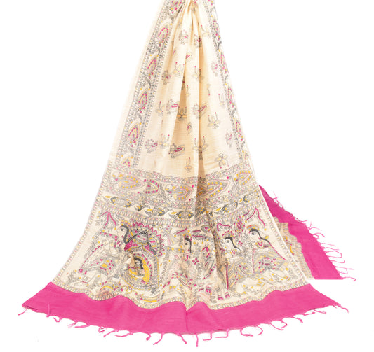 Sushila Vintage Cream Dupatta Pure Cotton Madhubani Printed Long Stole Veil