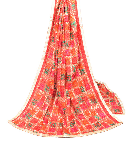 Sushila Vintage Bagh Phulkari Dupatta Art Silk Red Embroidered Long Stole Wrap