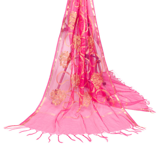 Sushila Vintage Zari Embroidered Dupatta Magenta Art Silk Floral Long Stole Wrap