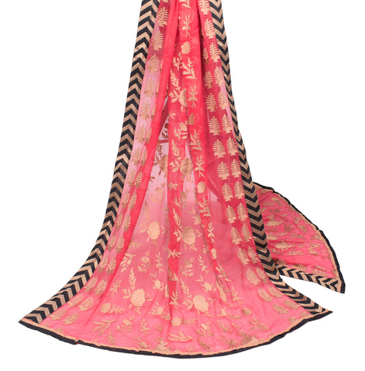 Sushila Vintage Floral Embroidered Dupatta Pure Chiffon Pink Long Stole